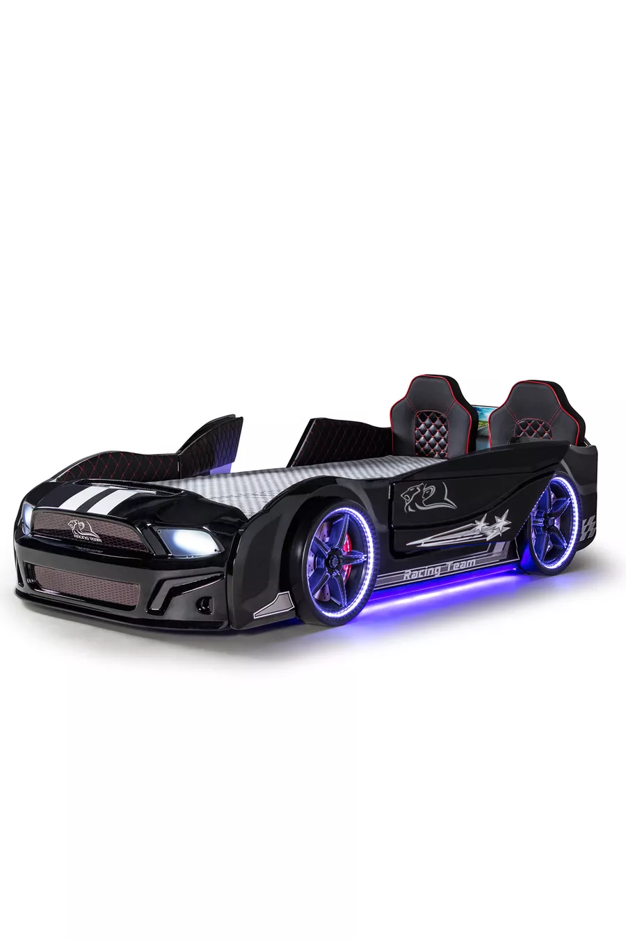 Portes de lit à roulettes noires Mustang avec ouverture, entièrement équipées de LED, télécommandées et avec musique