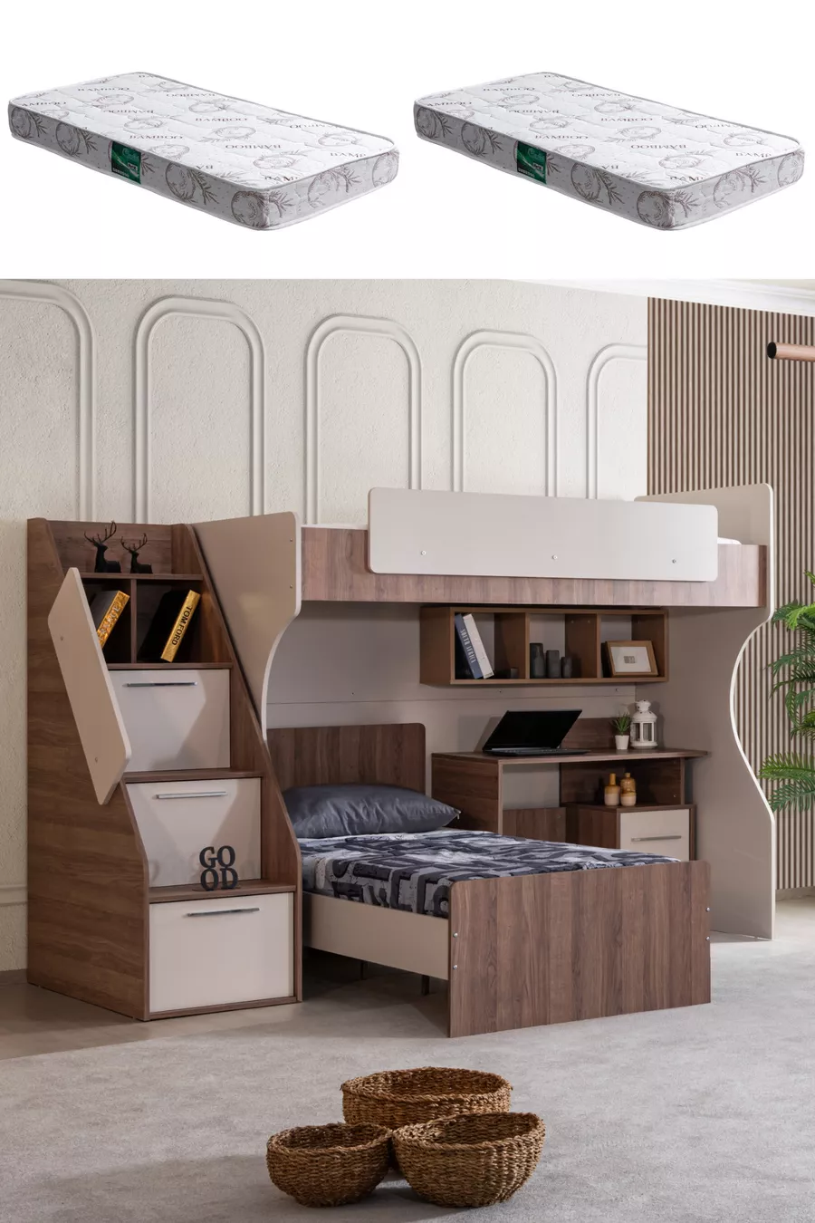 Lit superposé Ranza Milano avec bureau double moderne + 2 matelas Comfort