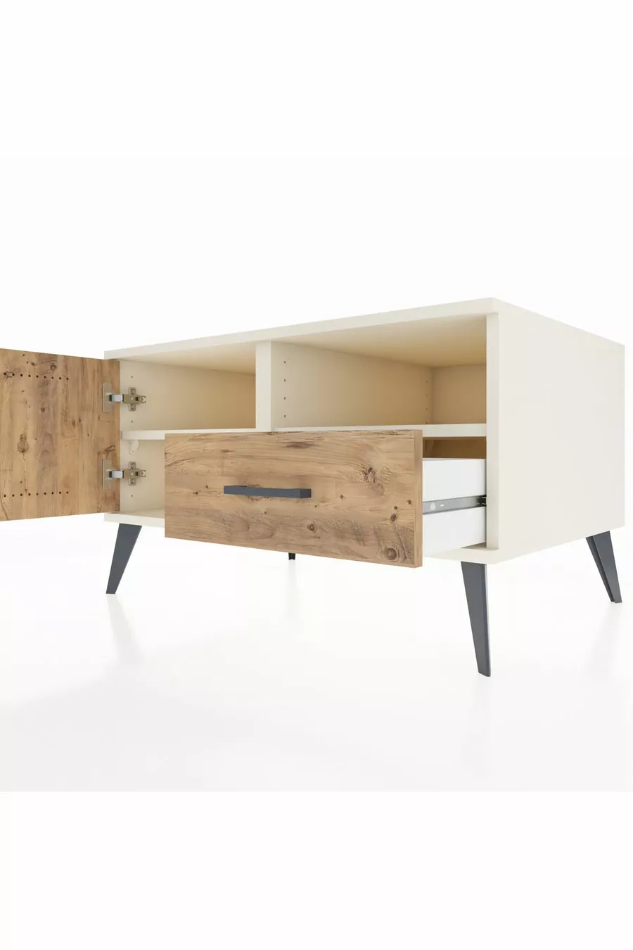 Commode Kronos 2 étagères, 1 tiroir, 1 porte, Pierre de lune-Pin