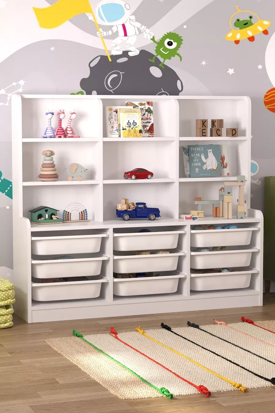 Armoire polyvalente à 9 étagères et 9 paniers pour jouets Almina blanc
