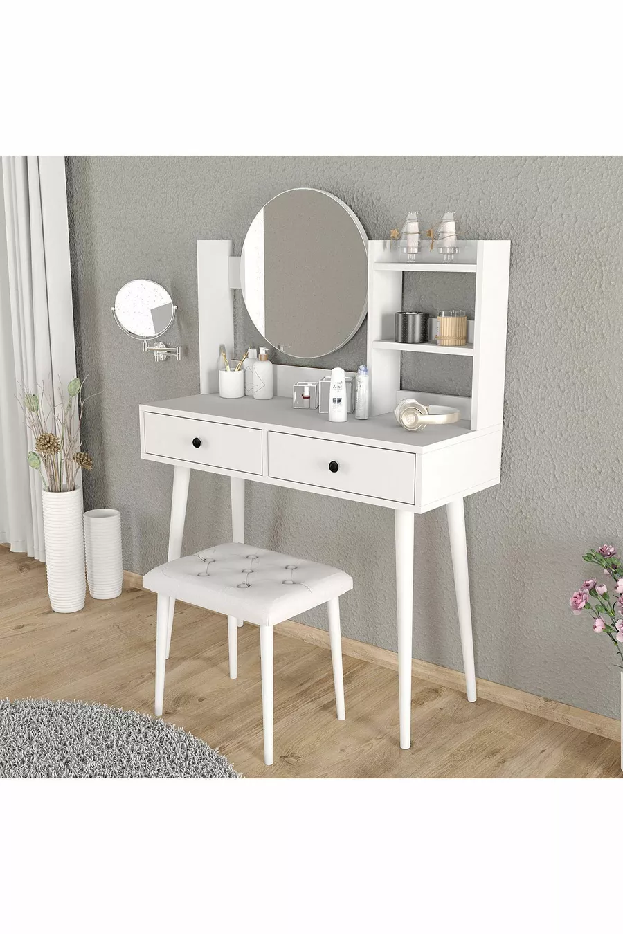ENSEMBLE LÉGENDAIRE DE COIFFEUSE BLANCHE AVEC TABOURET