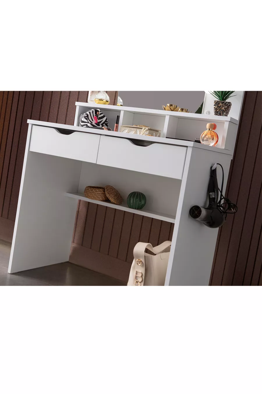 Coiffeuse Diva Hollywood avec Miroir, Éclairage LED, Étagères et Tiroirs, Pouf d'Assise Inclus, Blanche, avec Cadeau