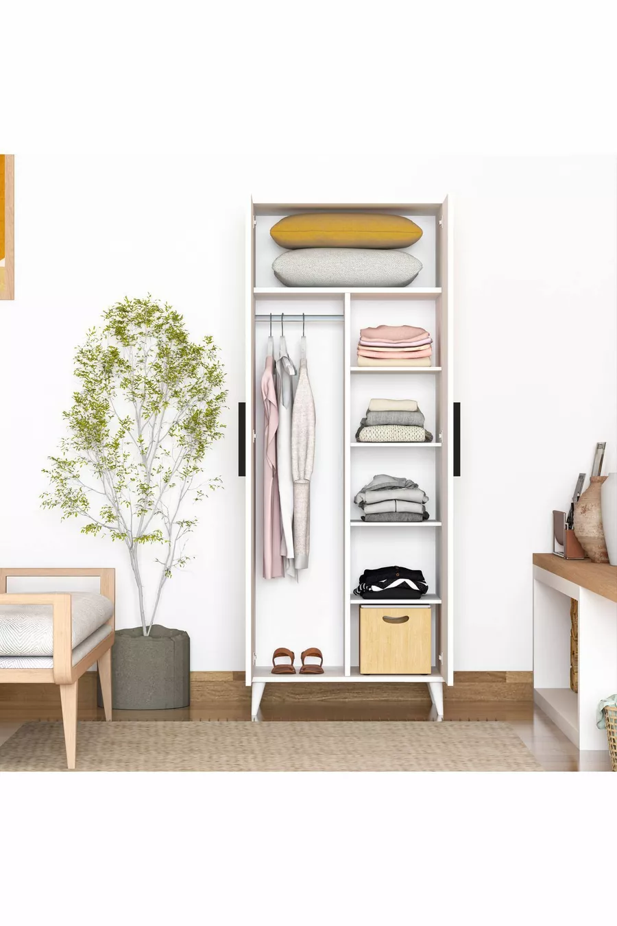 Armoire à 2 portes avec penderie et étagère