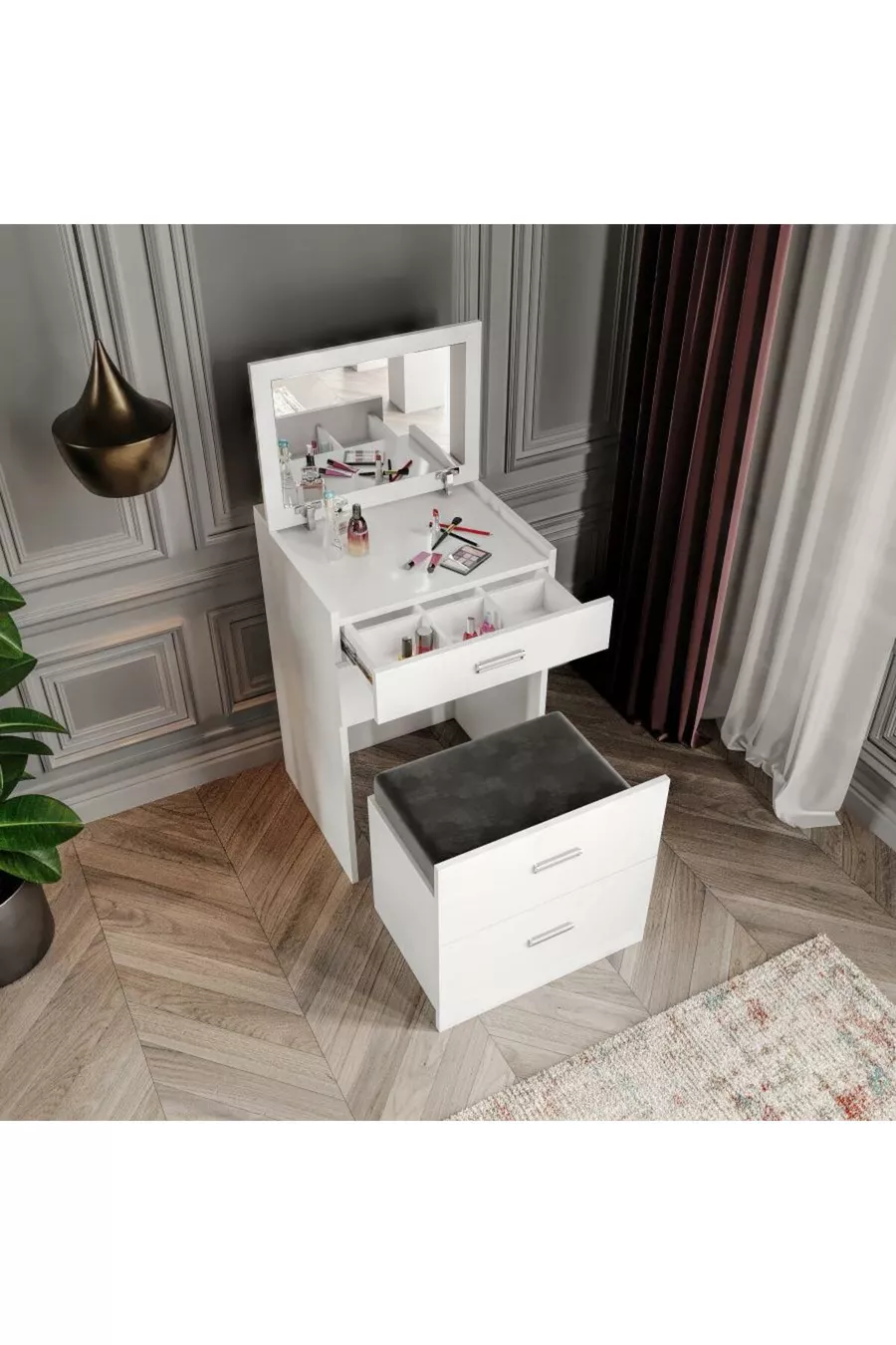 Merlin Mobilier Table de Maquillage Polyvalente avec 3 Tiroirs et Pouf Princesse