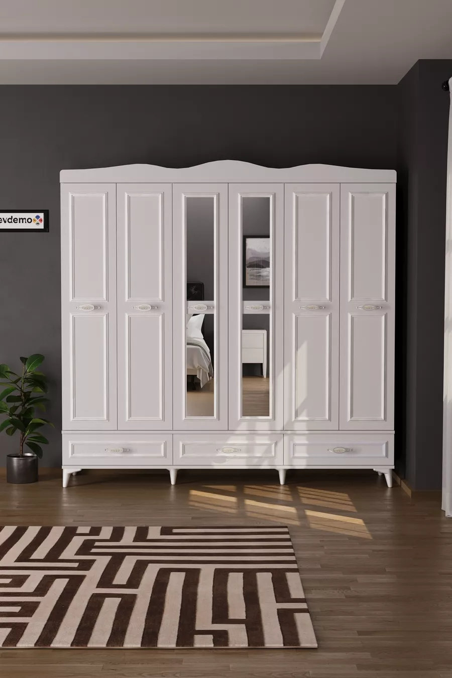 Armoire blanche Luna à 3 tiroirs avec miroir et 6 portes