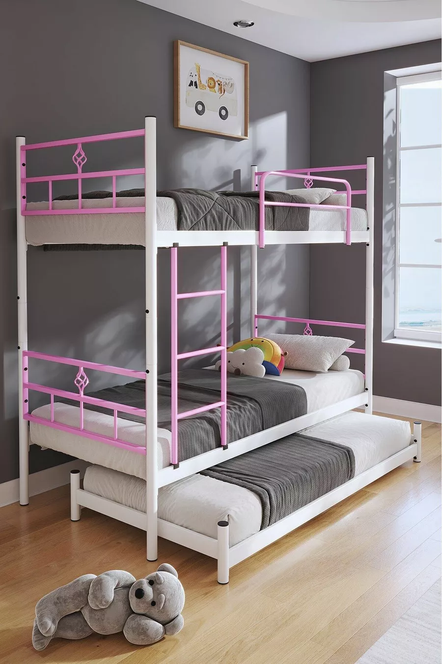 Lit superposé Koza avec tiroir pour 3 personnes, compatible avec matelas, métal rose clair