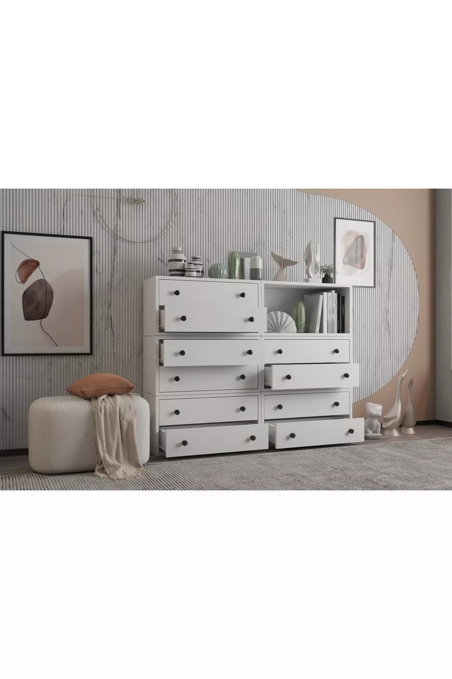 Commode blanche à dix tiroirs avec étagère, sans lattes