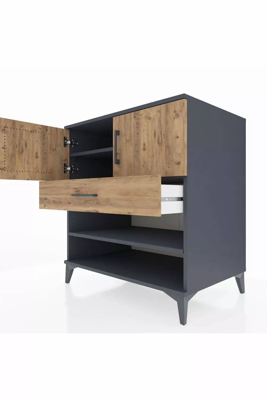 Commode Kronos avec 3 étagères, 1 tiroir et 2 portes, Anthracite-Sapin