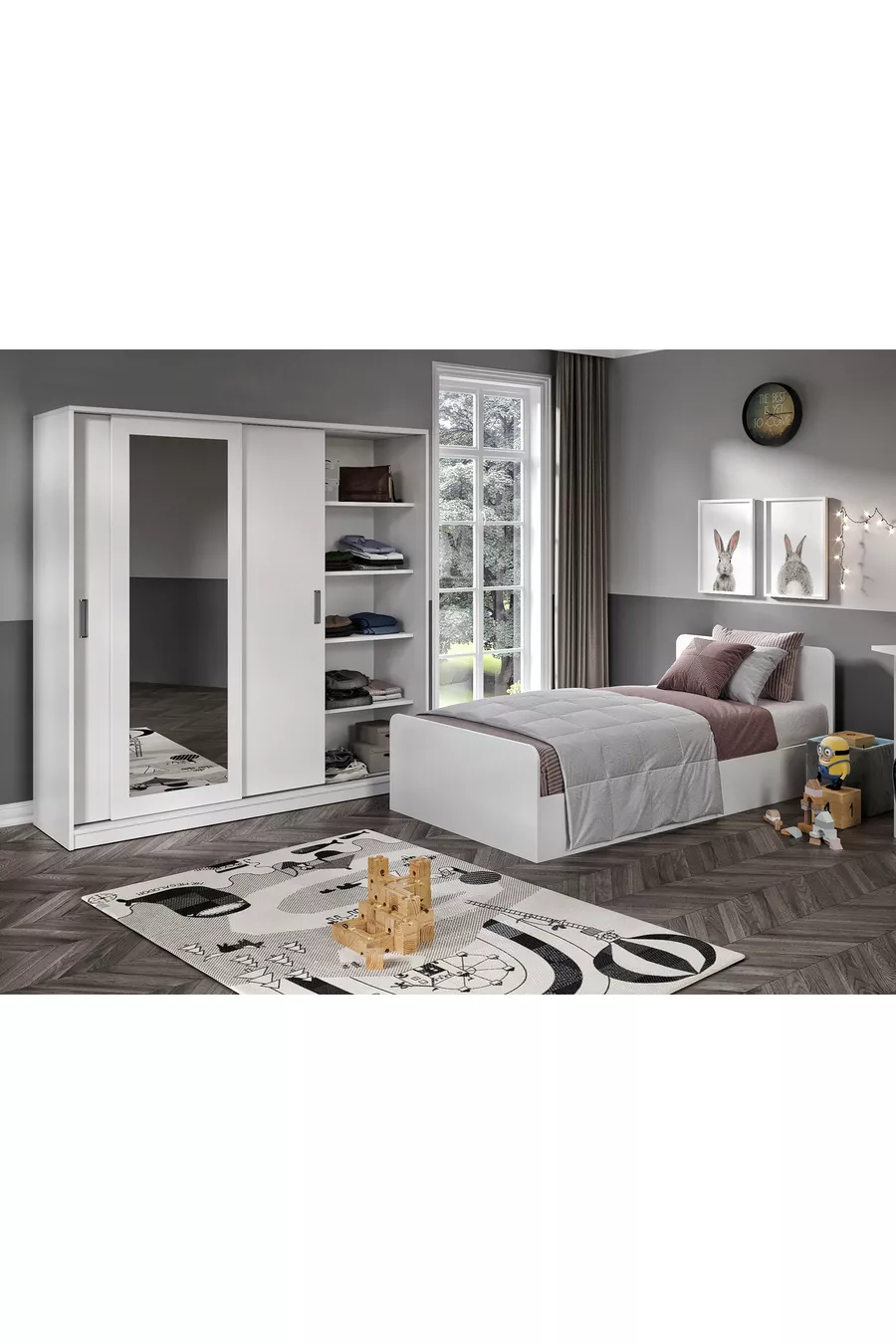 Chambre d'enfant Anemon en MDF pour une personne, 3 pièces - Armoire, bureau, lit en MDF de qualité supérieure