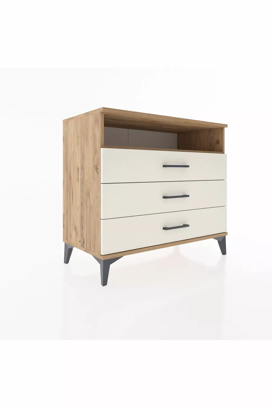 Commode Hyperion à un seul étagère et 3 tiroirs en pin et pierre de lave