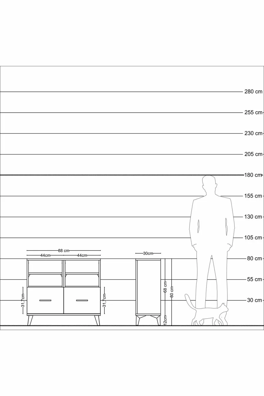 Commode Arges 4 étagères 2 tiroirs Anthracite-Anthracite