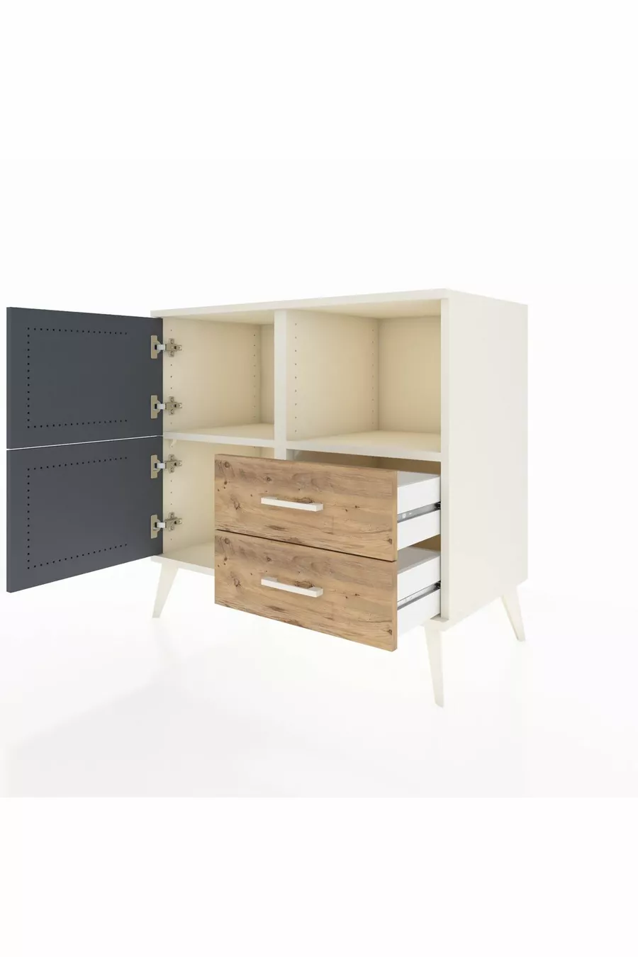 Commode Hyperion 2 étagères 2 tiroirs 2 portes Pierre de lune-Anthracite/Pin