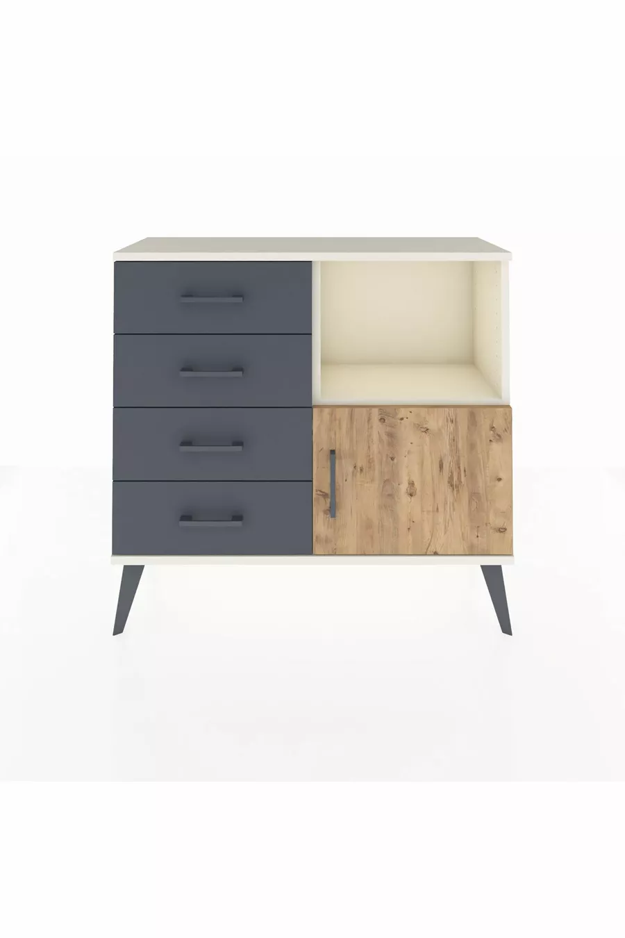 Commode Arges avec une étagère, 4 tiroirs et une porte, couleur Pierre de lune-Sapin/Anthracite