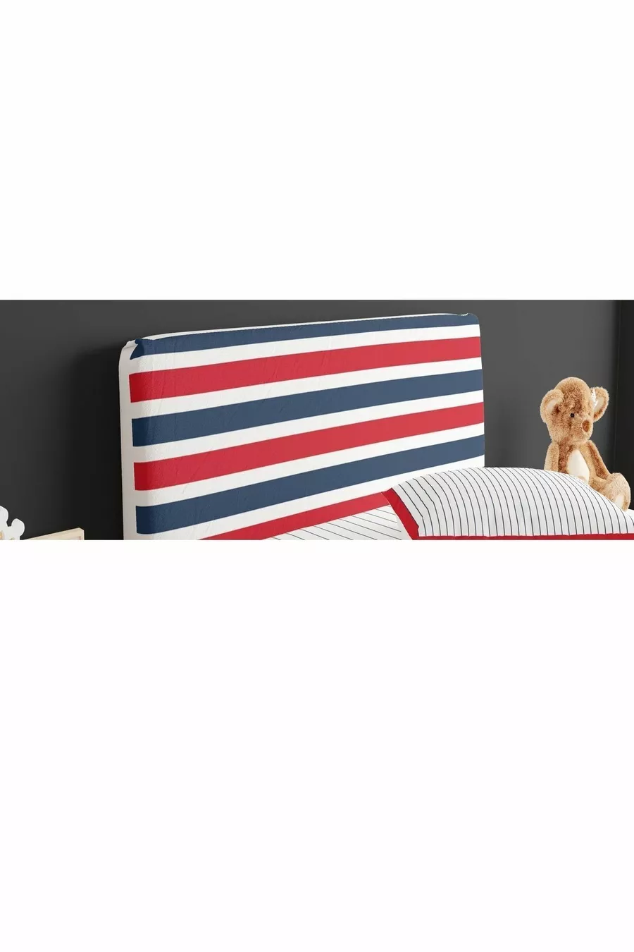 Housse de tête de lit chambre d'adolescent fond blanc avec rayures bleu marine et rouge