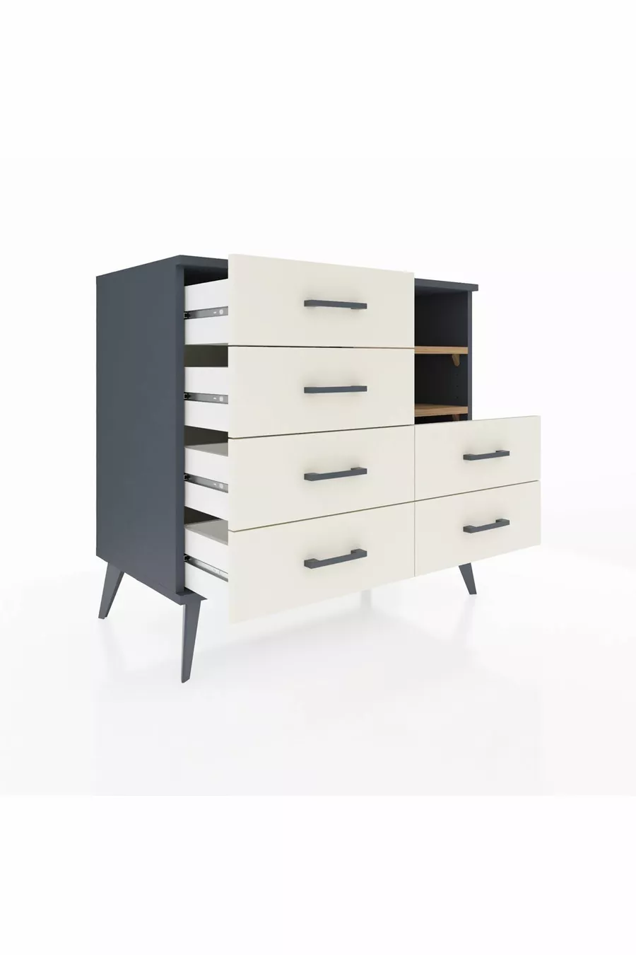 Commode Hyperion 2 étagères 6 tiroirs Anthracite-Pin/Pierre de Lune
