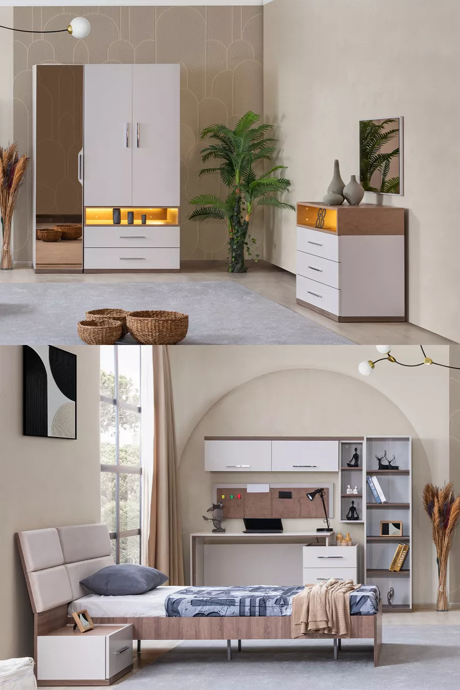 Chambre d'adolescent Milan - Armoire à 3 portes avec miroir, Lit, Table de chevet, Bureau, Commode, Bibliothèque