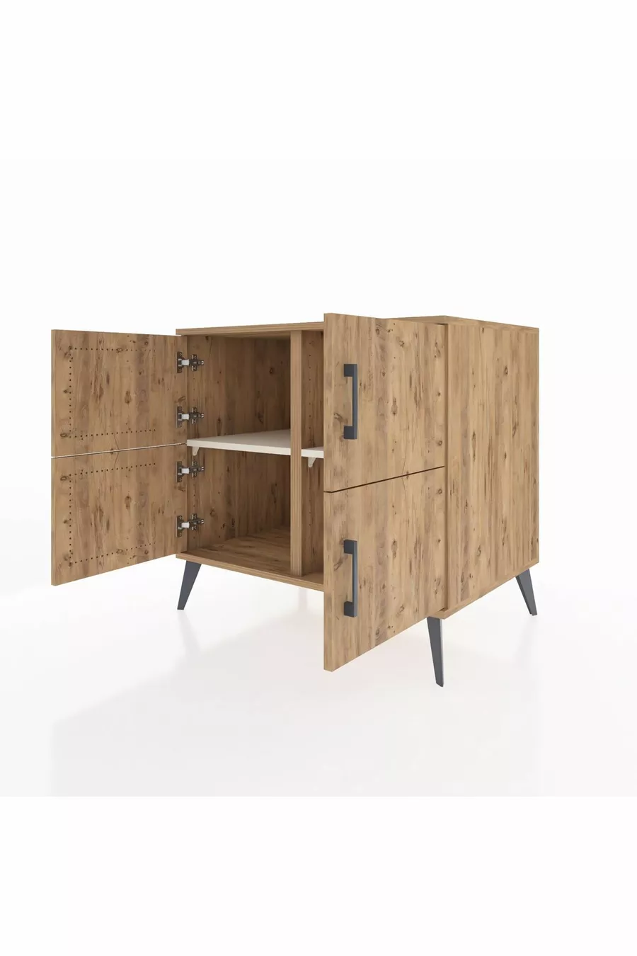 Commode Kronos à 2 étagères et 4 portes Pin-Pin/Marbre blanc