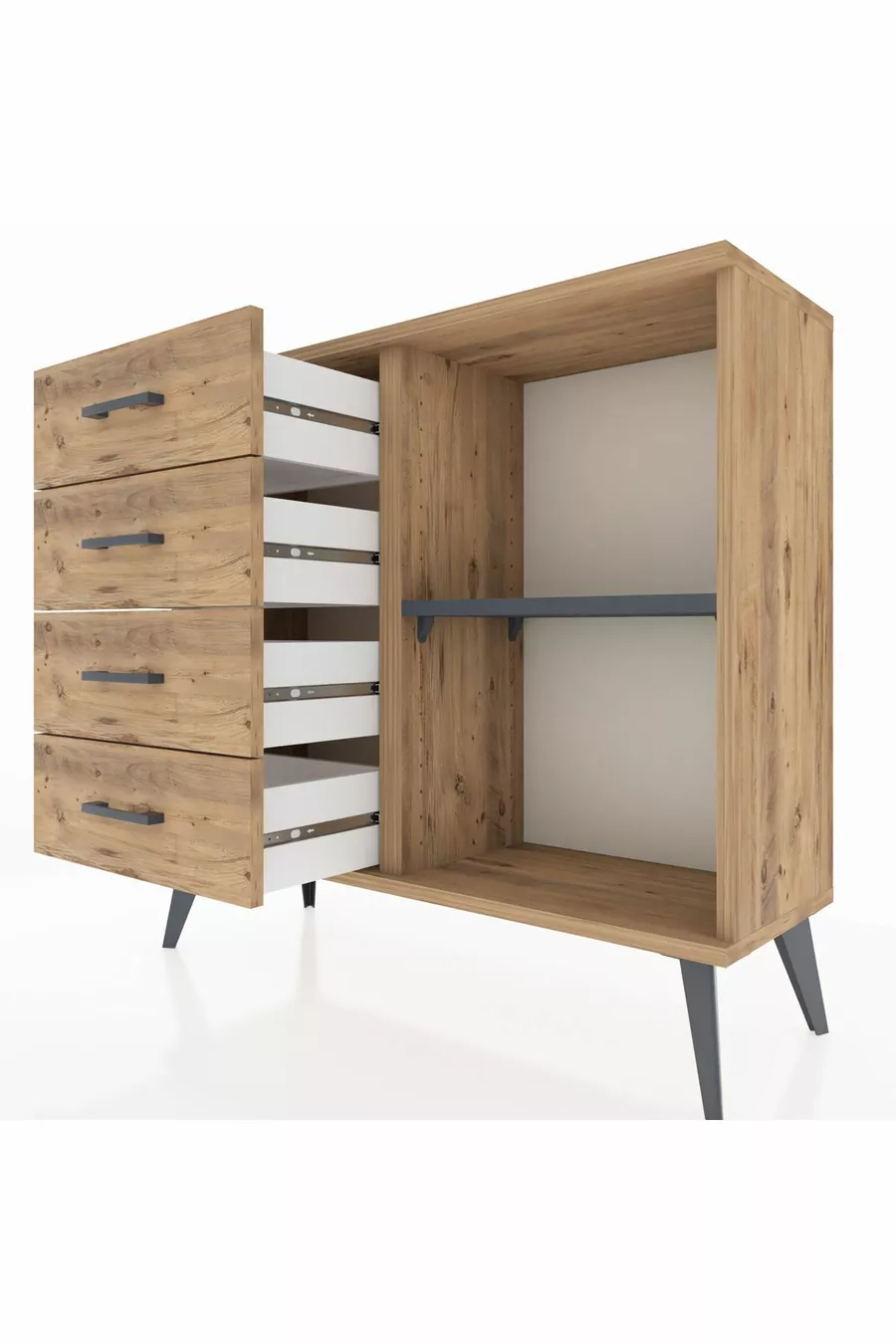 Commode Arges à une étagère et 4 tiroirs Pin-Anthracite/Pin