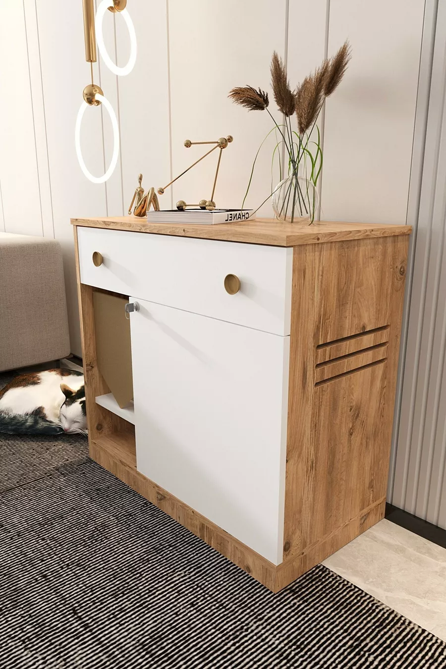Litière pour chat en bois MONA avec tiroir - couvercle verrouillable - tissu d'entrée inclus - bac à litière non inclus - A.ÇAM-BYZ