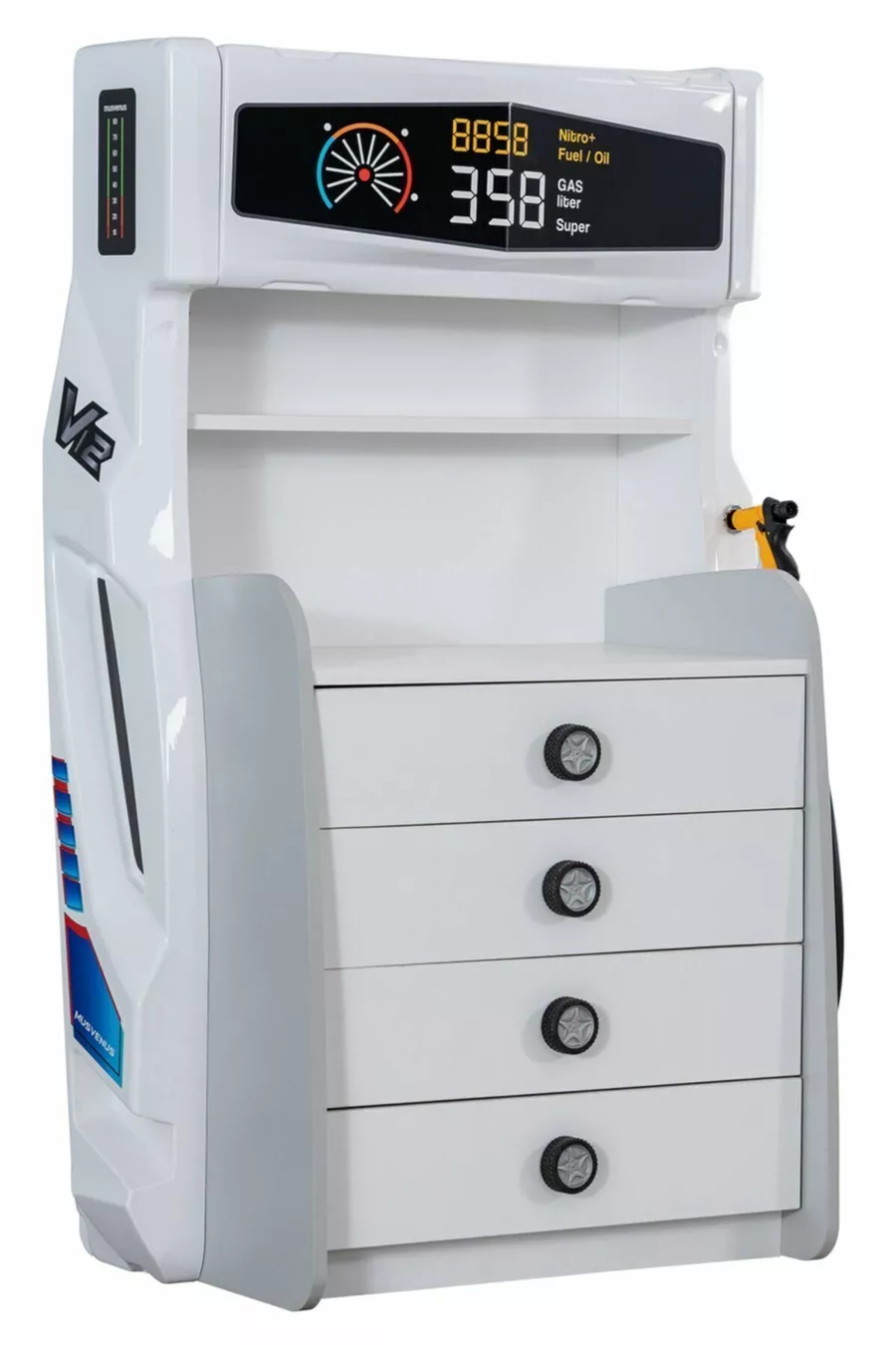 Chambre d'enfant - Lit à voiture avec pare-vent Jaguar, Armoire 3 portes Sports, Commode - Blanc