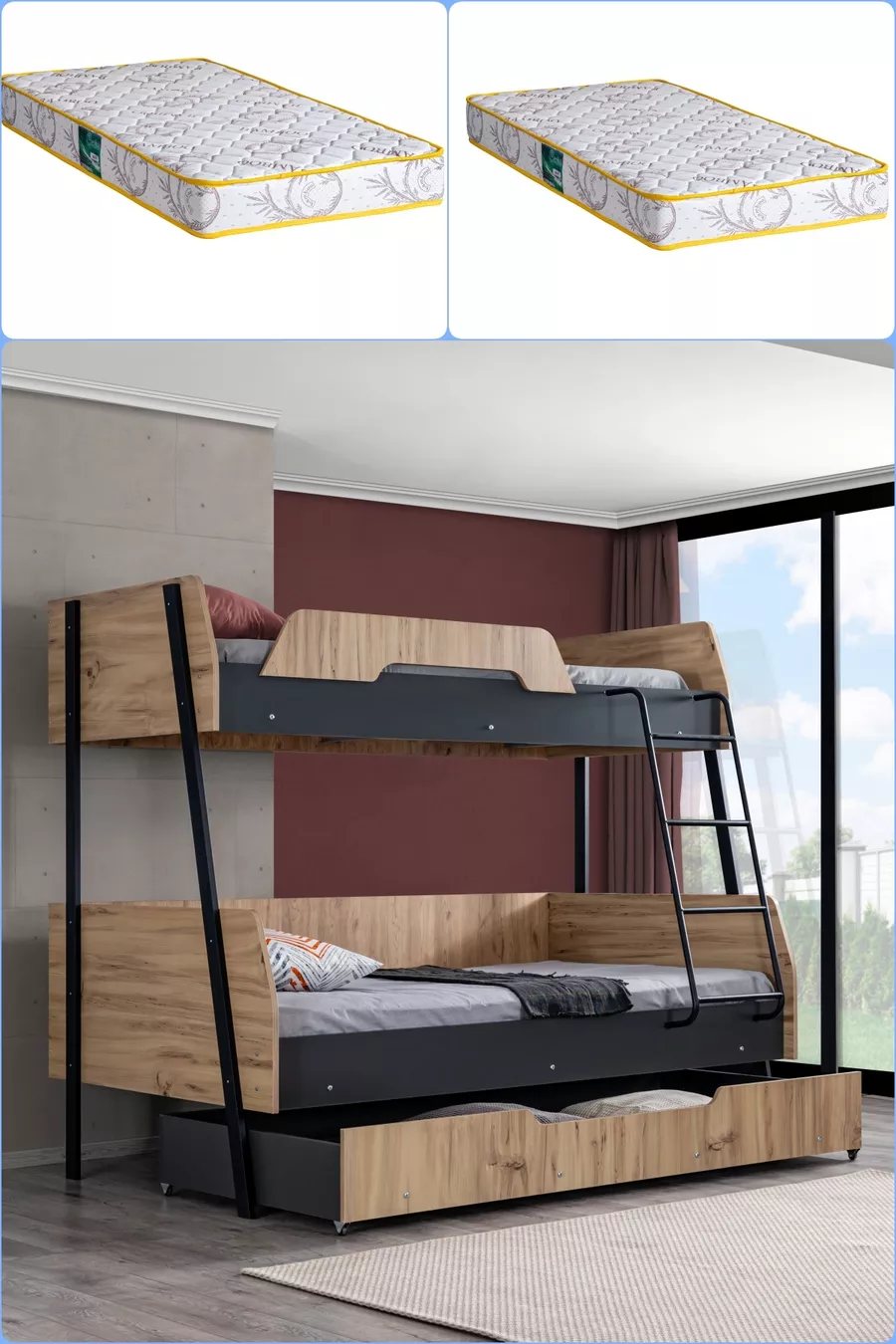 Lit superposé, Lit superposé Alba avec large tiroir, cm - cm - Noyer-Anthracite + 2 matelas confort
