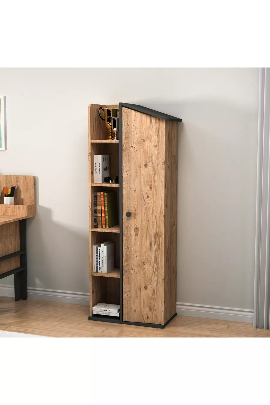 Ensemble de chambre d'enfant Valerin en pin Atlantique anthracite - Bureau, Lit, Bibliothèque, Armoire, Table de chevet