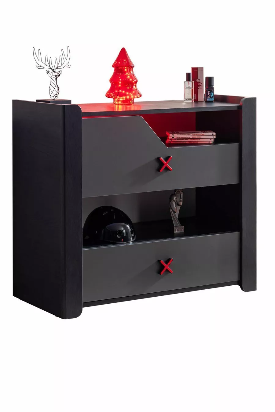 Chambre d'adolescent avec thème gamer - Armoire 2 portes, lit, table de chevet, commode, bureau