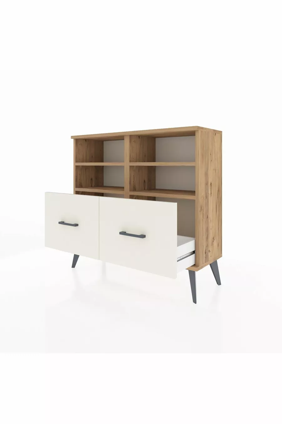 Commode Arges 4 étagères 2 tiroirs Pin-Pin/Marbre blanc