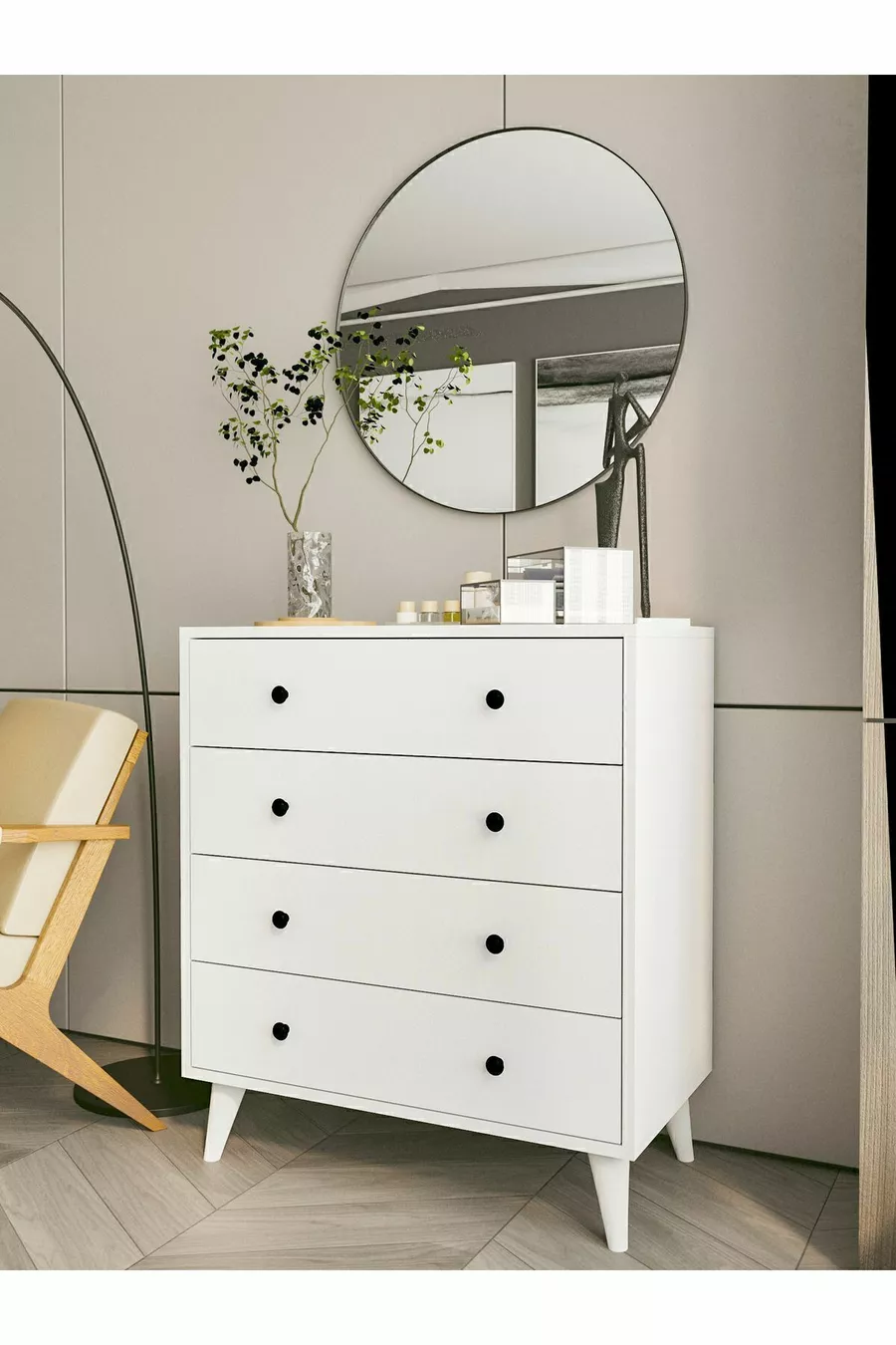 Commode Blanche Brillante 4 Tiroirs Country Commode Chevet en Bois