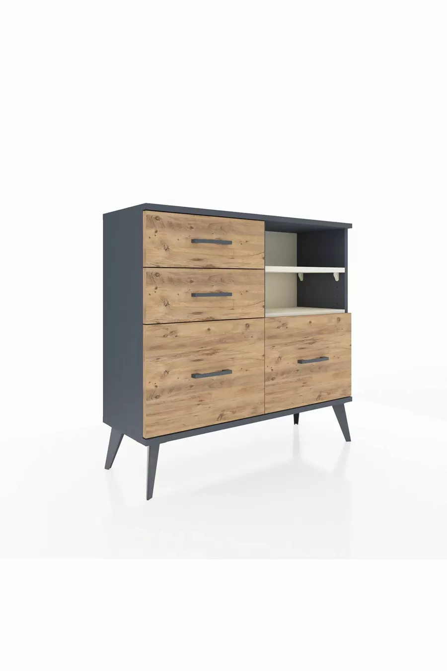 Commode Arges 2 étagères 4 tiroirs Anthracite-Pierre de lune/Merisiers
