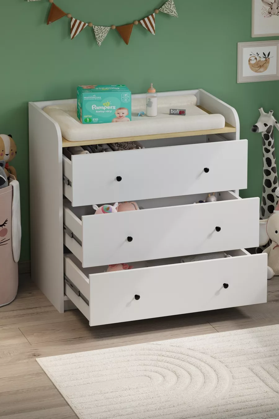 Commode à 3 tiroirs, commode à 6 compartiments, armoire de chambre à coucher, Begüm Safir Chêne Blanc