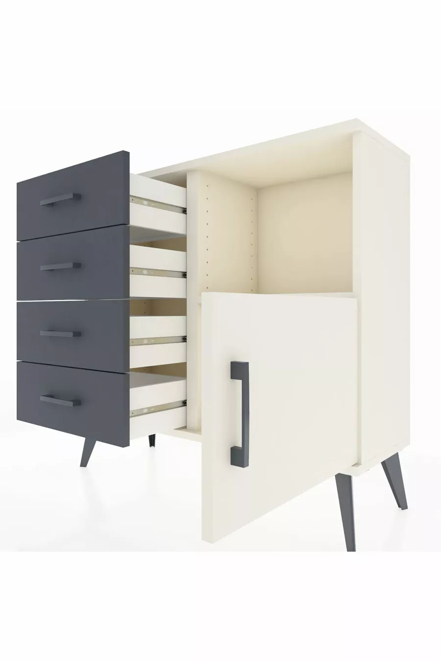 Commode Arges à une étagère, 4 tiroirs et une porte, couleur Pierre Lune/Anthracite