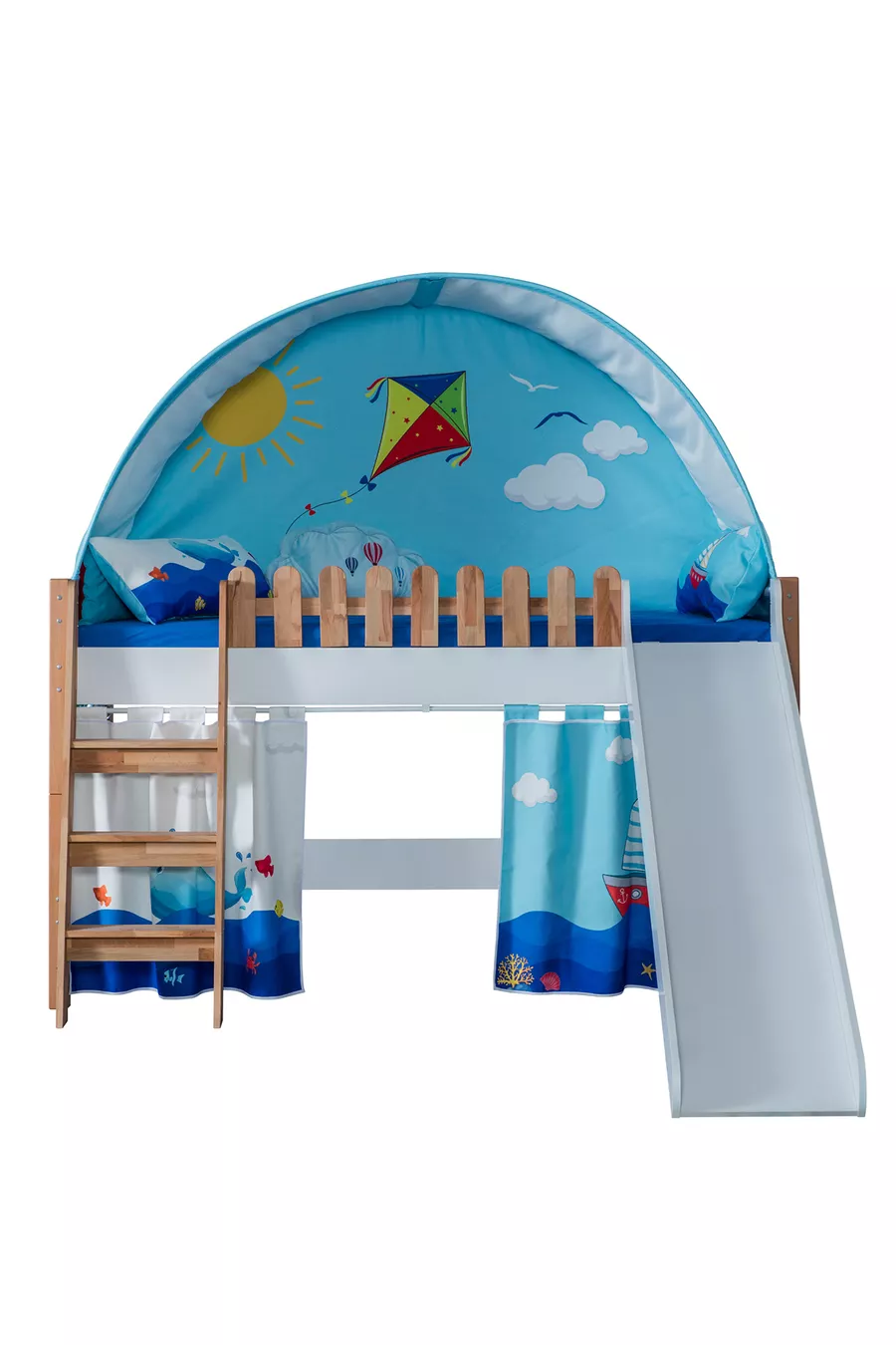 Ensemble Montessori pour Chambre d'Enfant My House avec Lit Superposé à Toboggan et Maison de Jeu Bleue