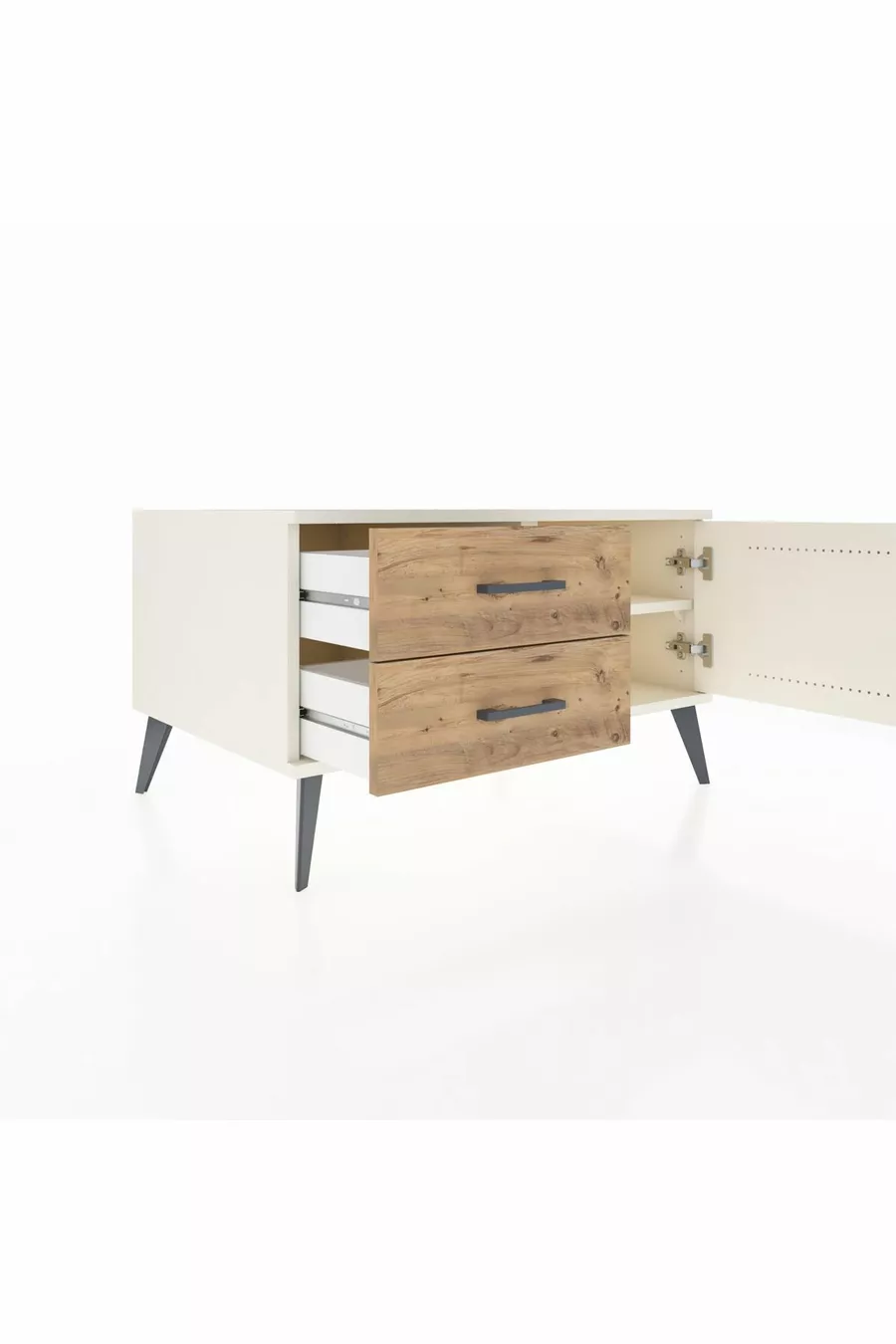 Commode Kronos à une étagère, 2 tiroirs et une porte, Pierre de Lune / Pin