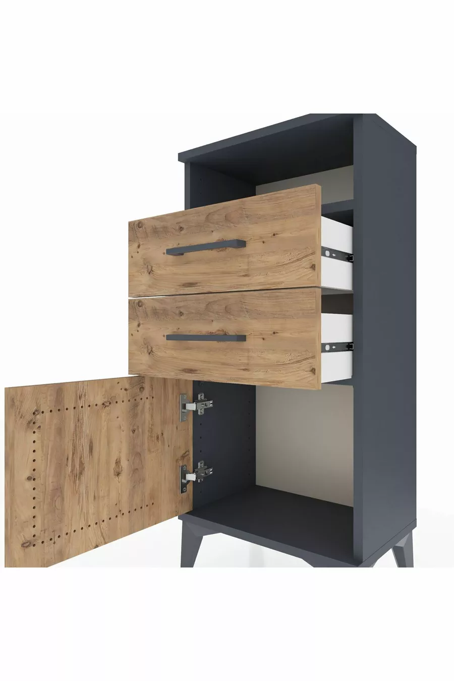 Table de chevet Arges avec une étagère, 2 tiroirs et une porte, Anthracite-Pin