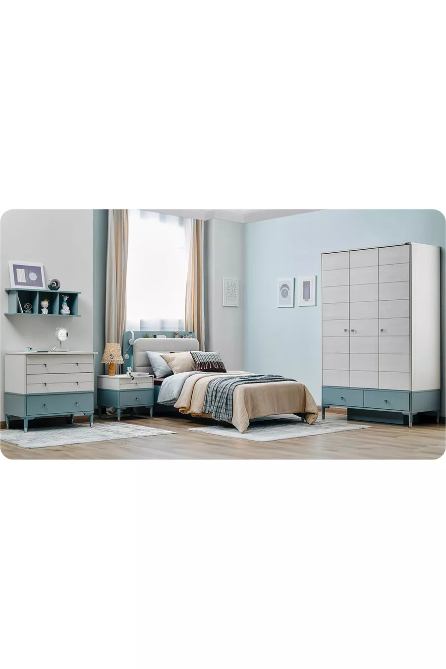 Chambre Marine pour Jeune (Armoire 3 Portes, Lit, Bureau)