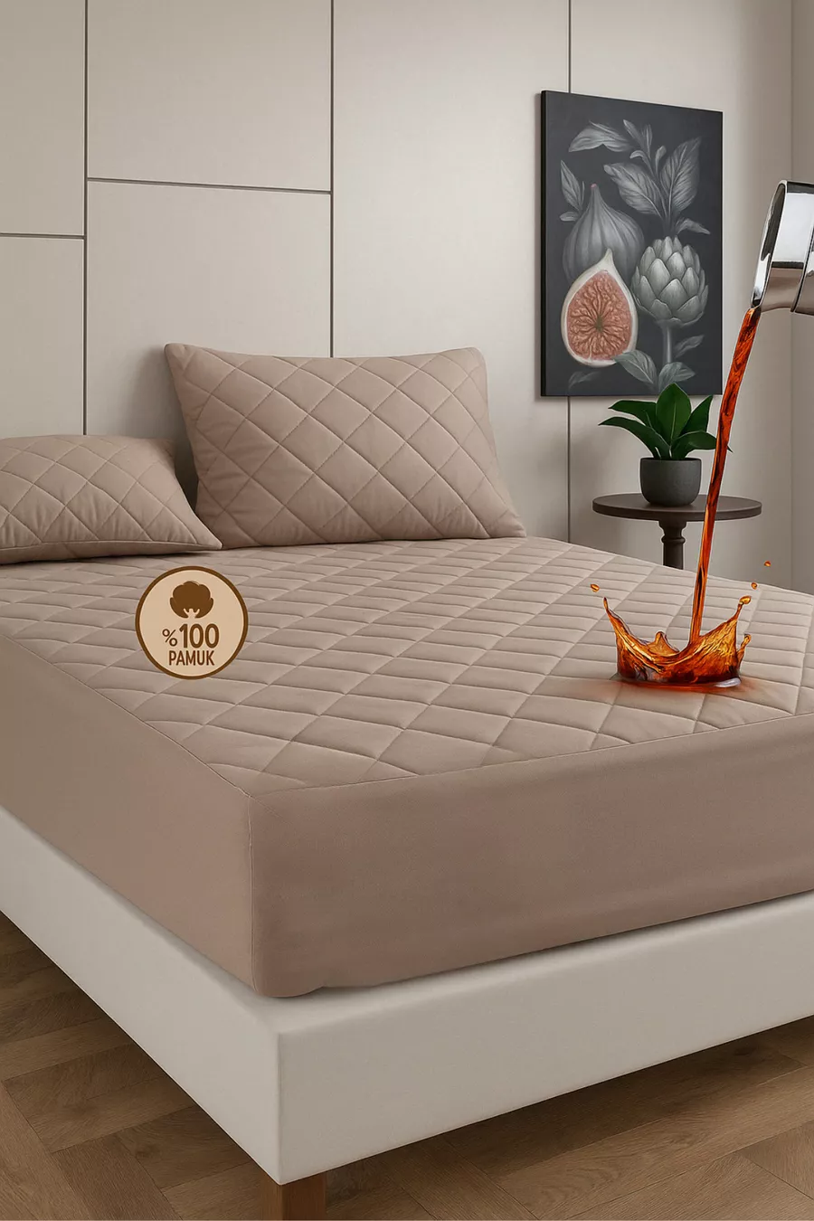 Protection de matelas matelassée Premium Beige % coton, ajustée, bord complet, imperméable à l'eau, toutes tailles