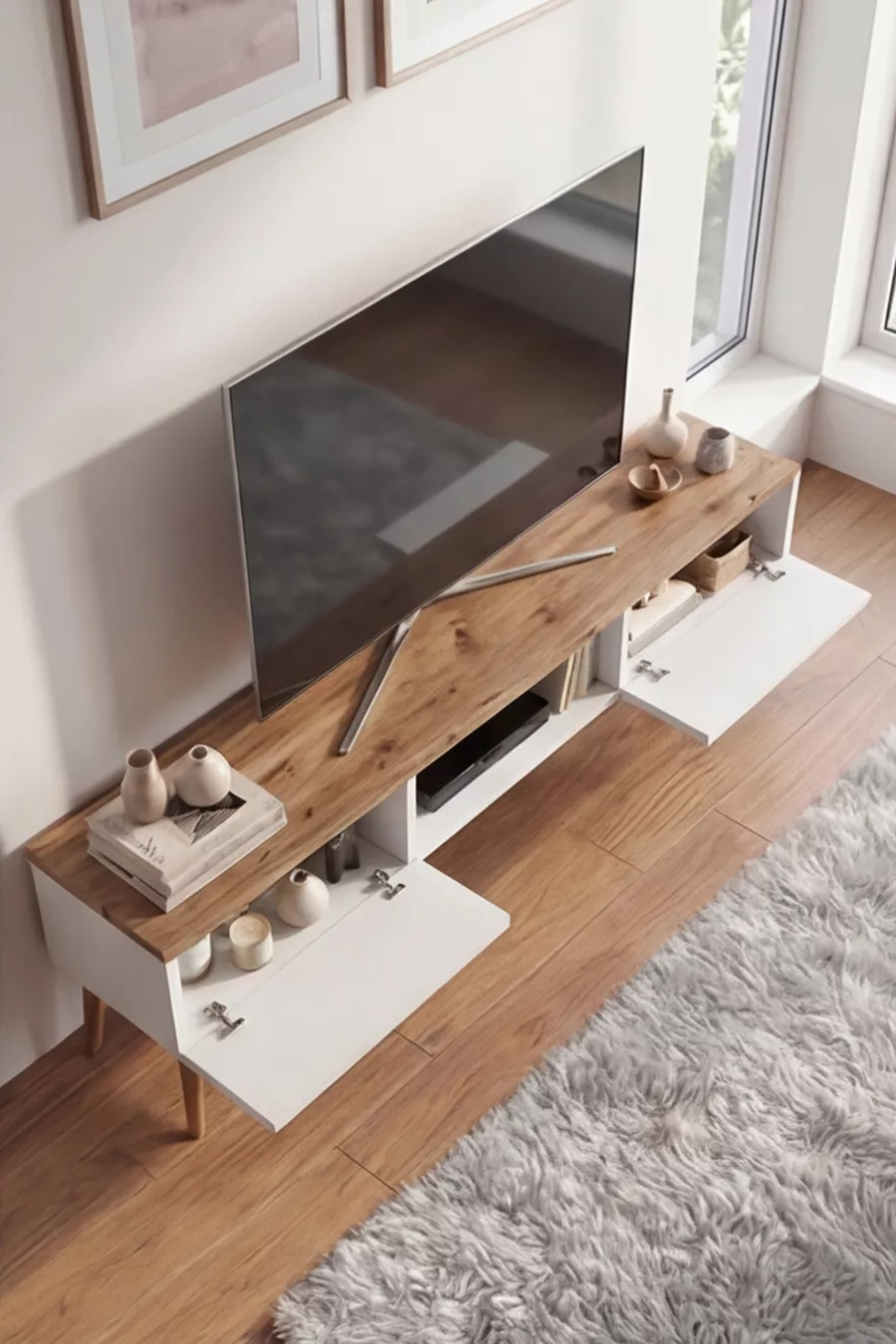 Meuble TV moderne  cm, console à 2 portes, télévision sur pieds en bois, meuble TV élégant pour salon et salle de séjour, console TV, unité TV, meuble TV console