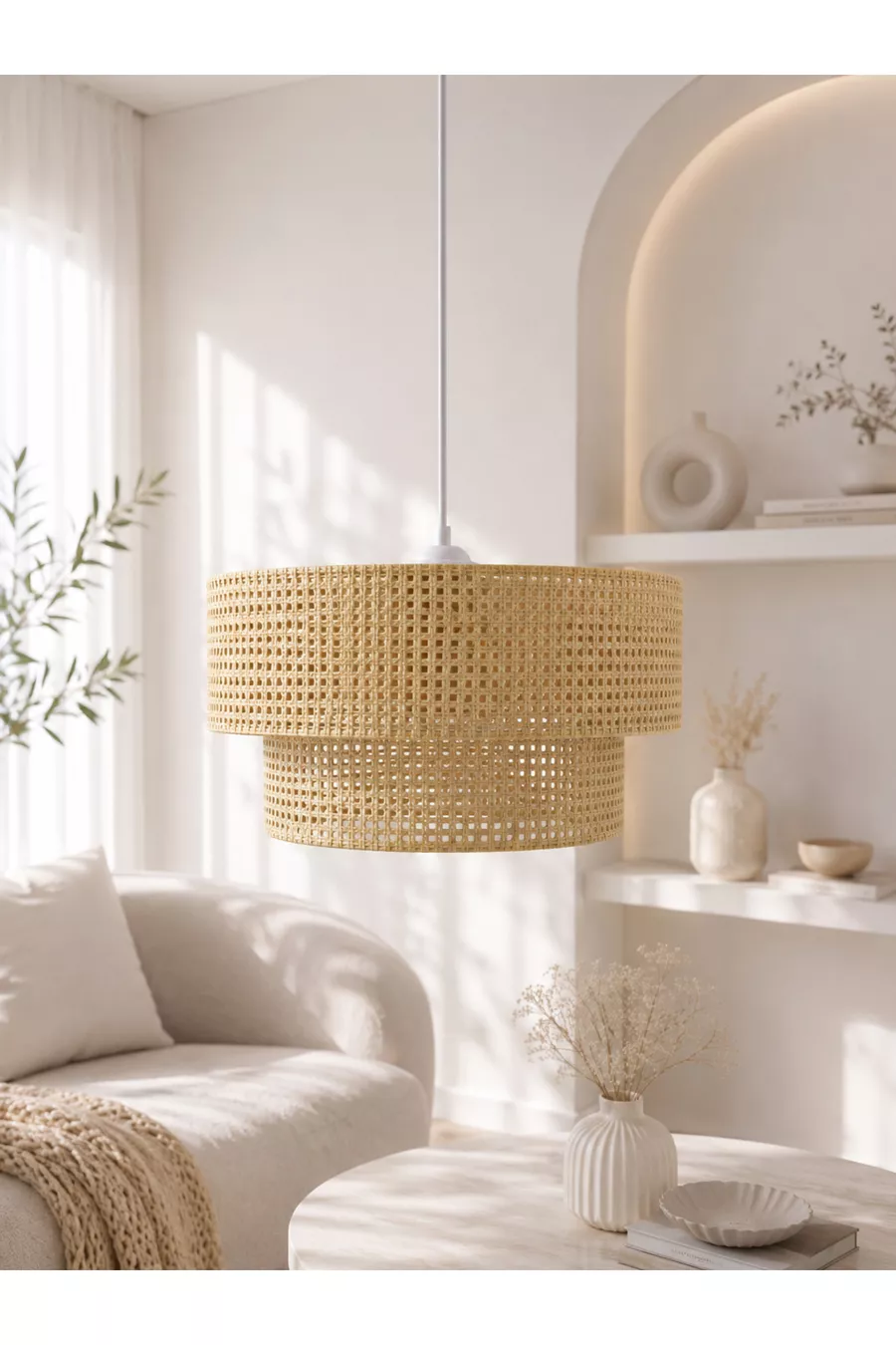 Suspension Moderne Naturelle Hazeran en Rotin à 2 Niveaux pour Salon, Cuisine, Chambre