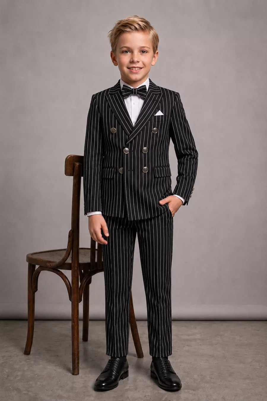 Ensemble de costume pour garçon avec veste à rayures, chemise, pantalon et nœud papillon