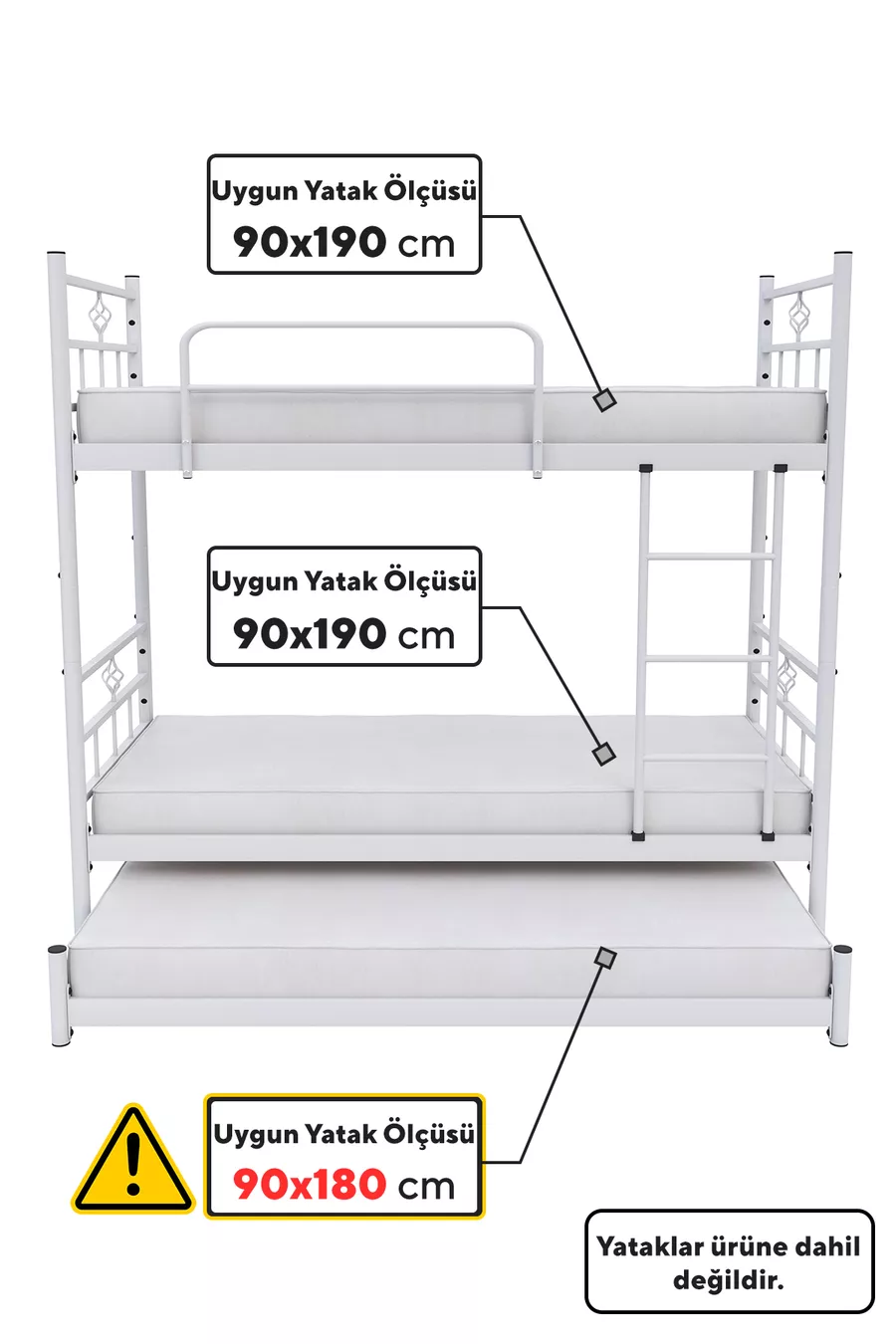 Lit superposé Koza avec tiroir, compatible avec matelas , pour 3 personnes, lit métallique blanc