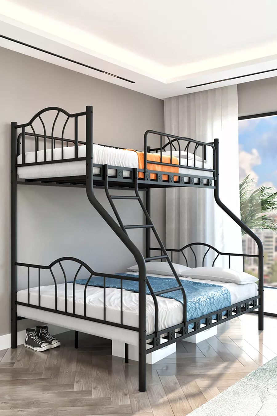 Lit superposé métallique pour 3 personnes avec 3 places pour parents  &  Noir