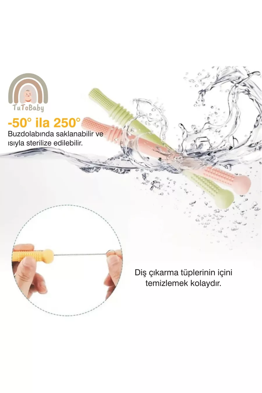 Suceur de dent pour bébé en silicone (hochet-tube à mâcher-paille) 2 hochets 1 brosse
