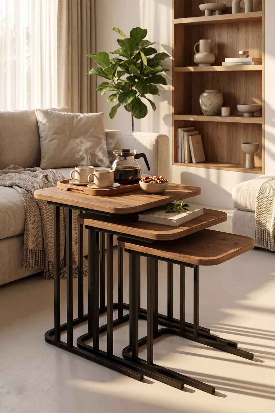 Table Basse Gigogne Pied Métal Ensemble de 3 Tables d'Appoint pour Canapé Zino Pin Atlantique