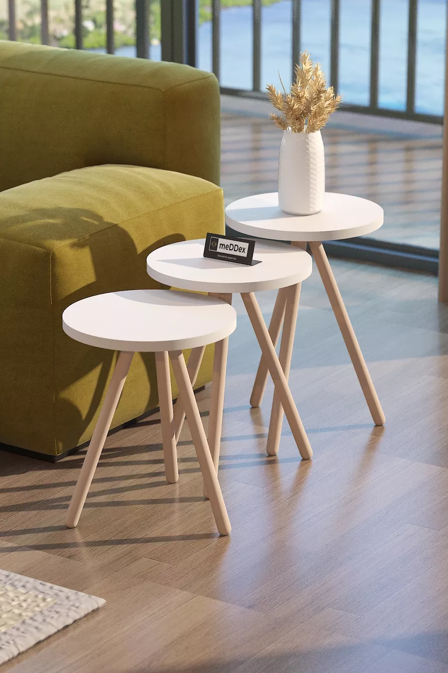 Table d'appoint gigogne ronde en bois à trois pieds, ensemble de 3 tables de présentation, table de service, table d'appoint latérale blanche