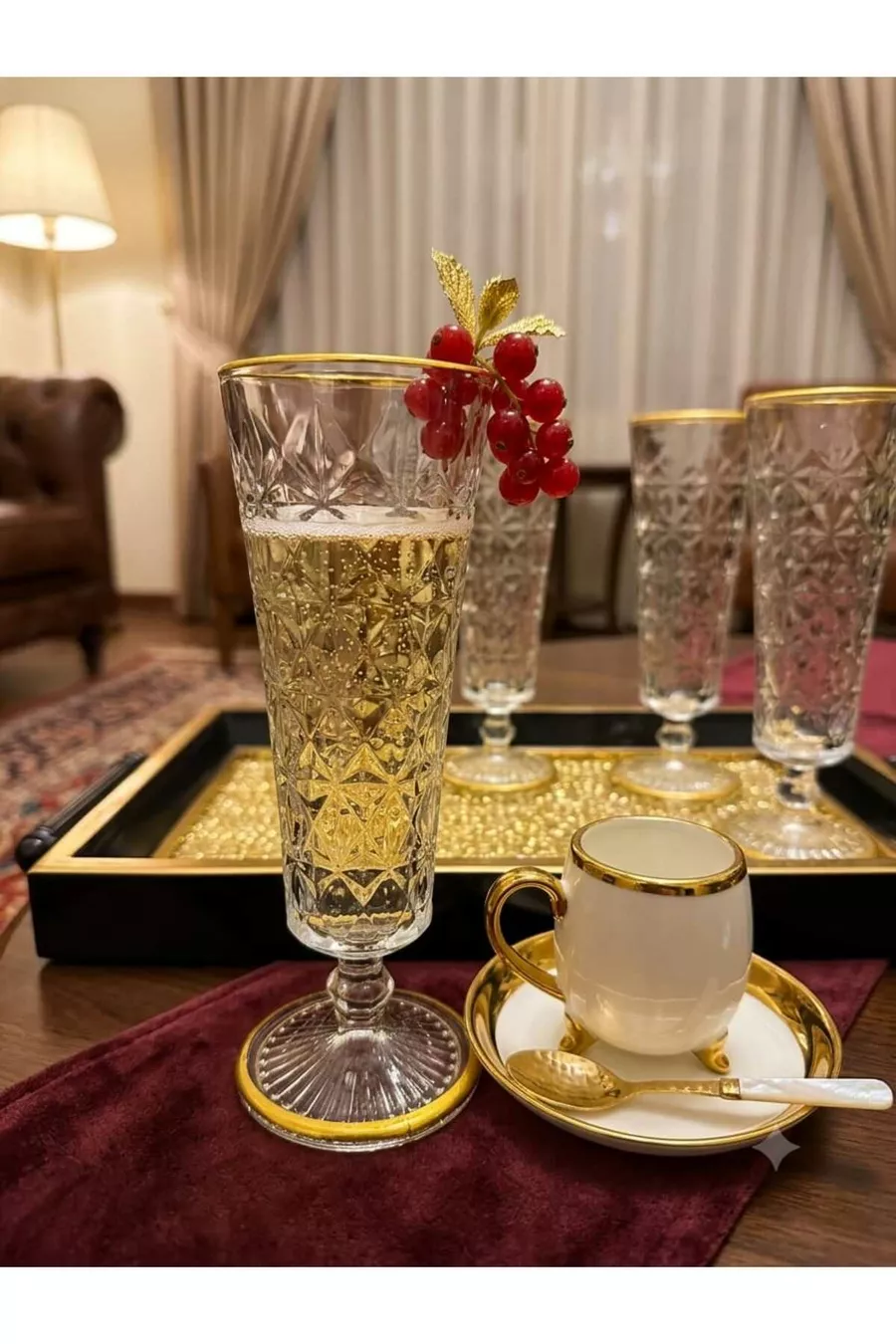 Ensemble de 6 verres à pied avec détails en or cristal pour café/létre/boissons/acier/eau/cocktail* ml