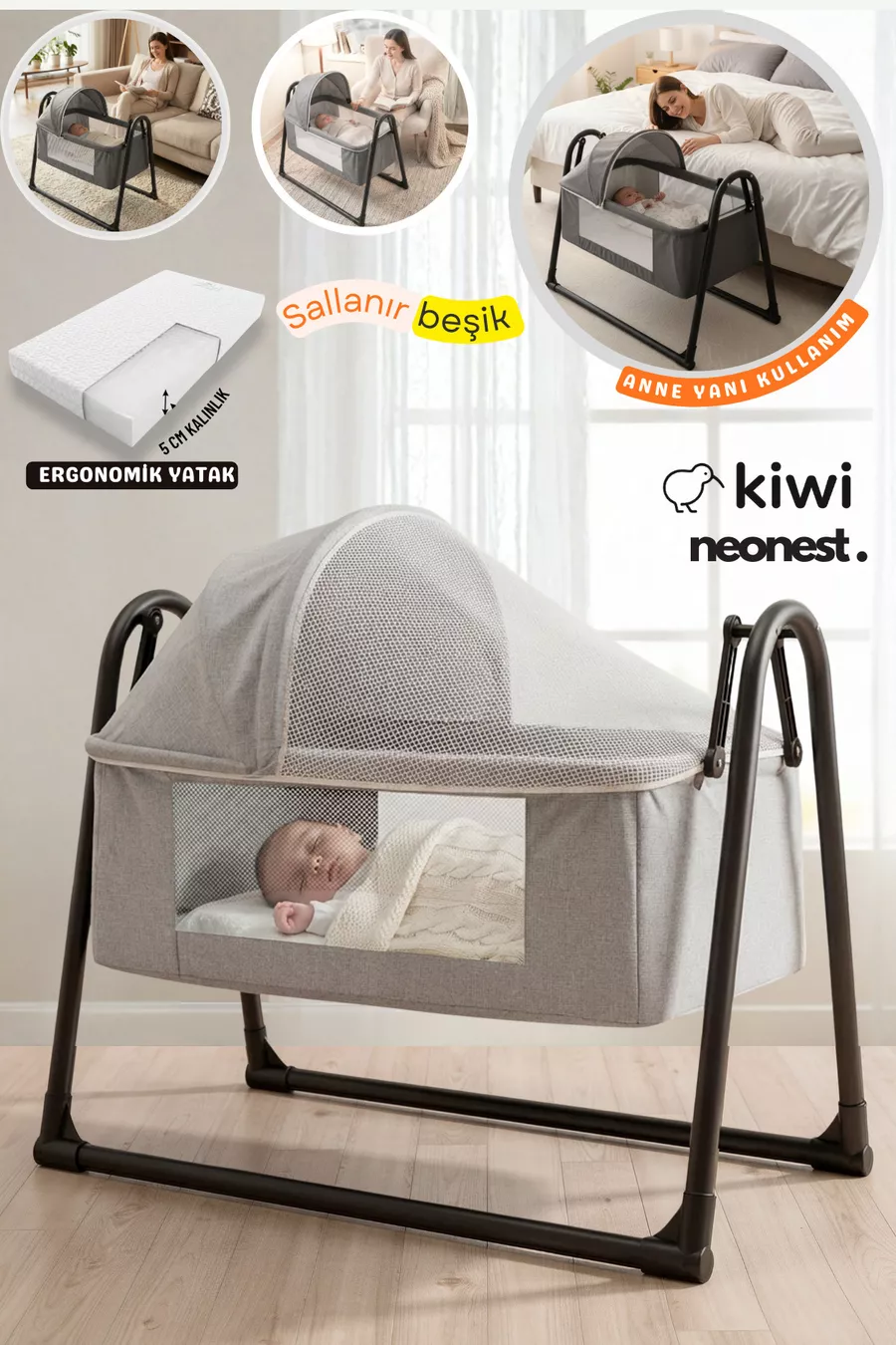 Neonest Lit à côté de la mère avec matelas épais, moustiquaire et tente, qui se balance. Berceau panier portable neuf Vison