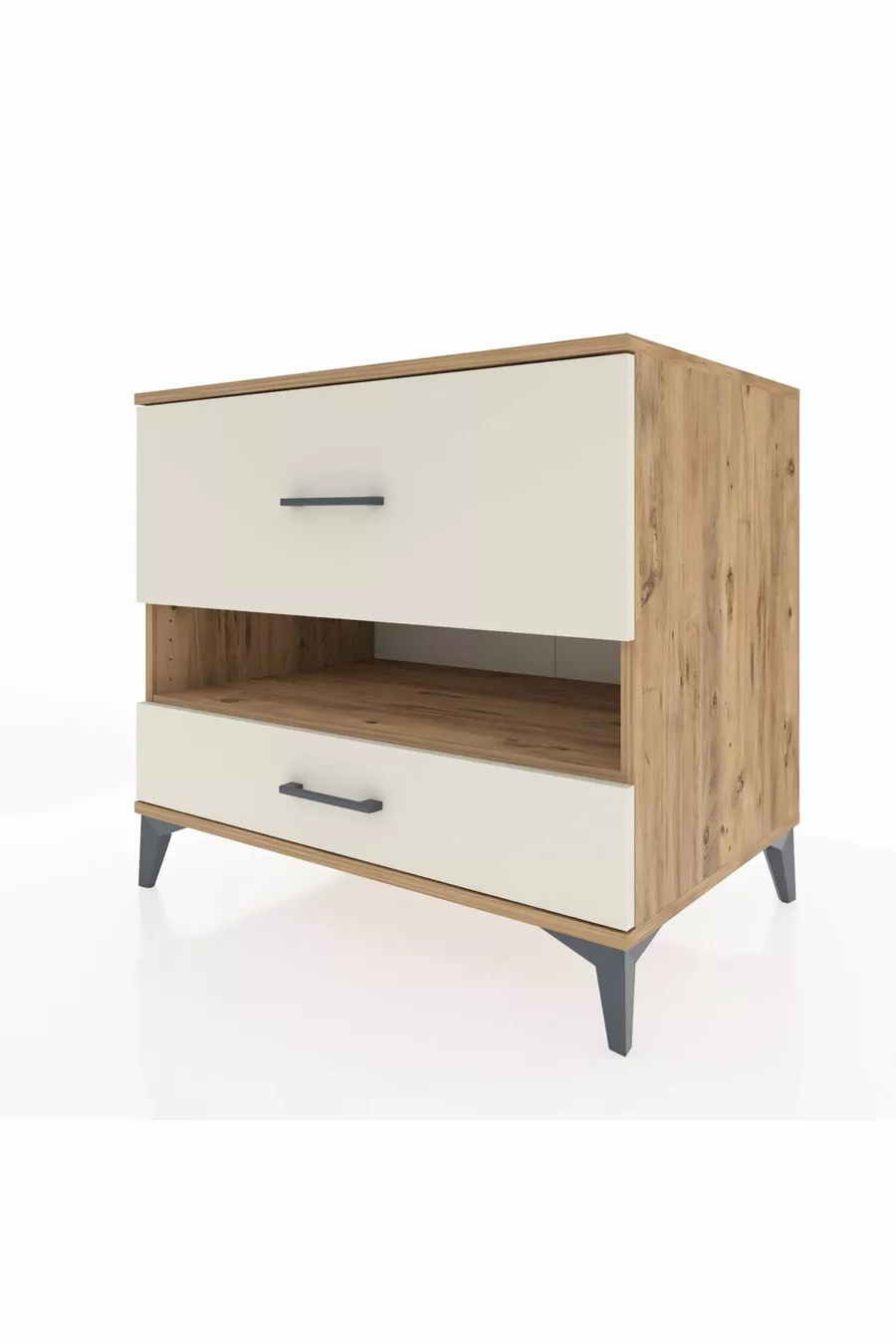 Commode Kronos à une étagère et 2 tiroirs en pin et pierre de lave