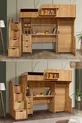 Lit superposé, litera avec armoire et bureau, noyer clair, 1 matelas Comfort