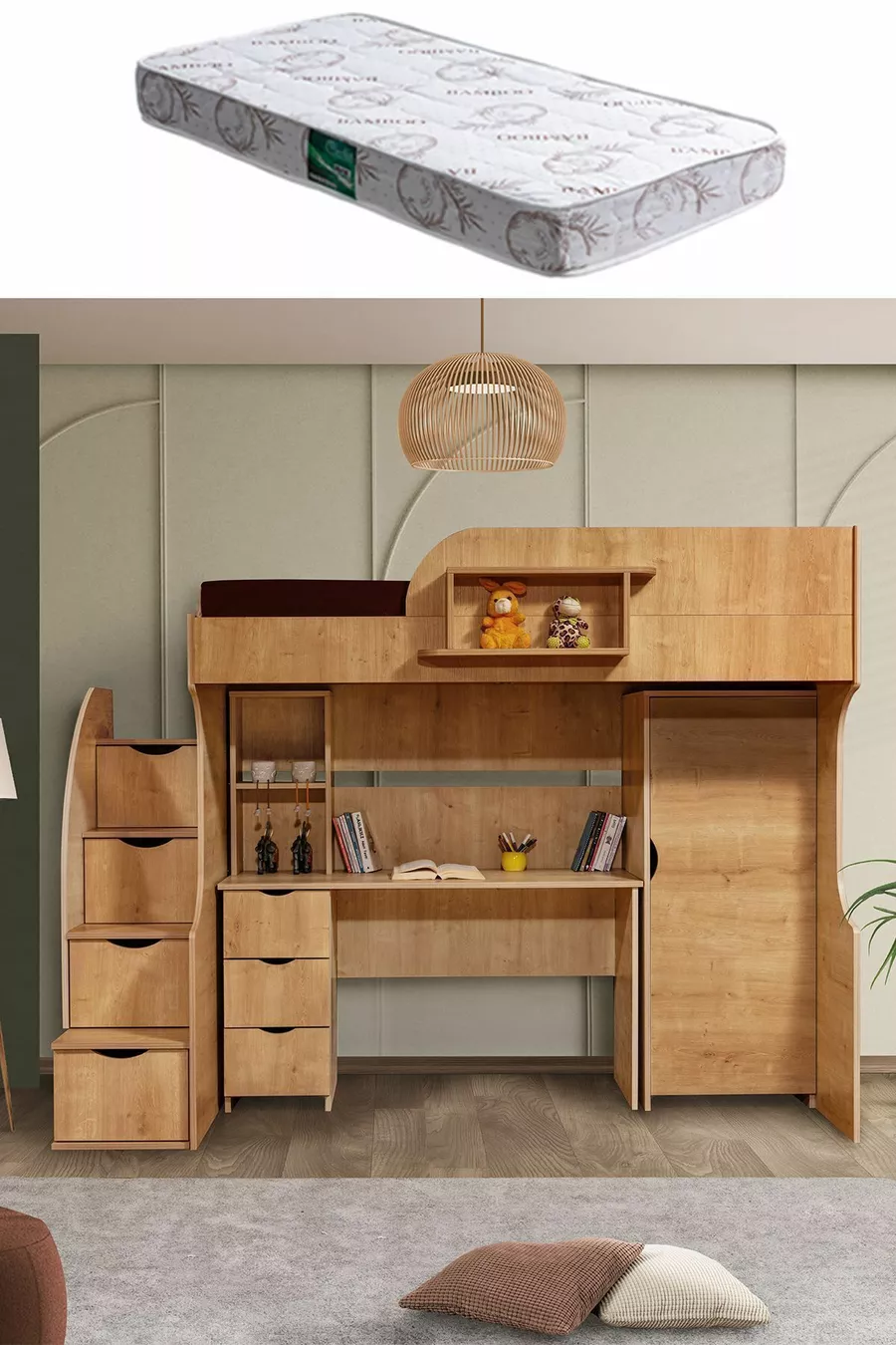 Lit superposé, litera avec armoire et bureau, noyer clair, 1 matelas Comfort